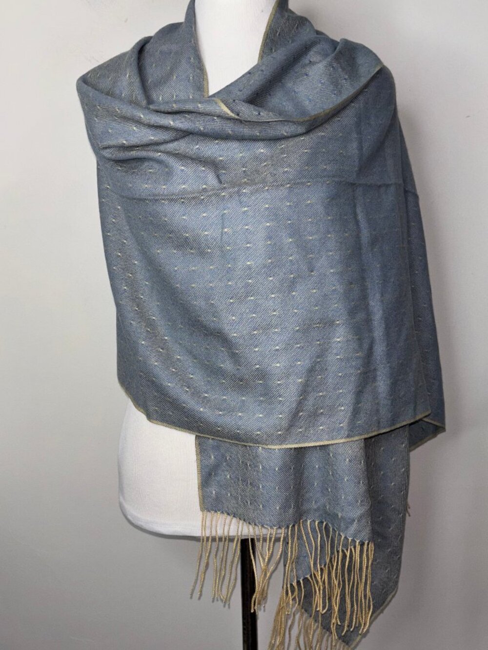 Pashmina 100% Cashmere Scarf Shawl Wrap Blue Dots 24" x 74” Fringe